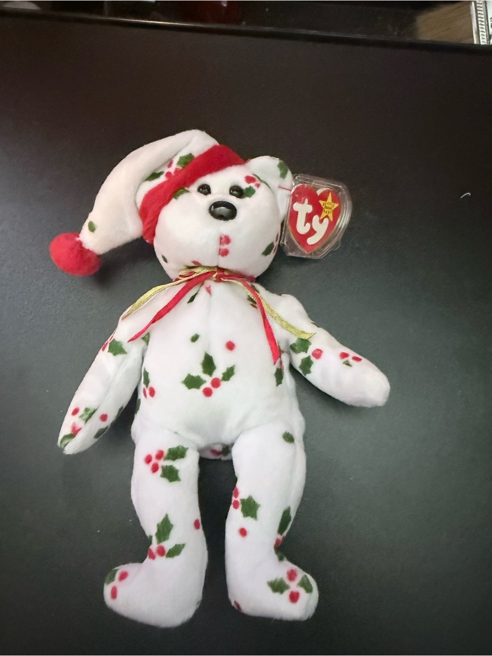 Ty White Bear Plush with Red & Green Holly Print